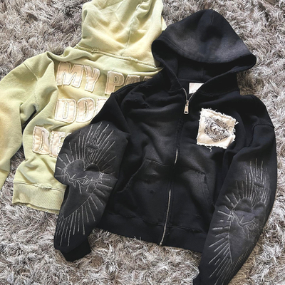 Mua Người đàn ông chống nhựa Terry Pháp Hoodie hộp lớn với đốm thêu đau khổ online manufacture
