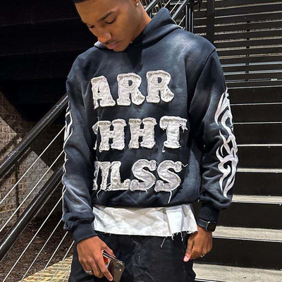 Mua Vintage Sun Fadeed Acid Wash Distressed Patch Applique Phong thêu cắt hoodie áo phông đàn ông online manufacture