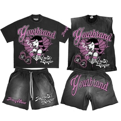 Mua Logo tùy chỉnh Ác rửa Hoodies Sweat Shorts Đen Crop Top và bộ Tank Top không tay áo online manufacture