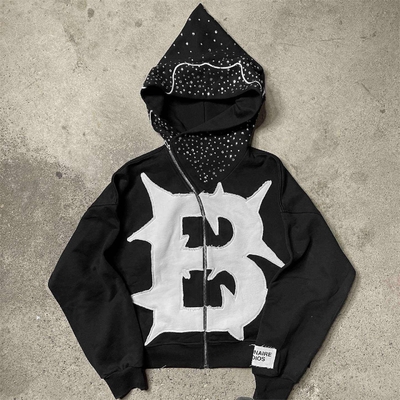 Mua Custom Y2k French Terry Patch Work Cut Off Hoodie cắt ngắn trong phong cách đau khổ rửa online manufacture