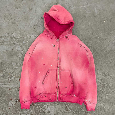 Mua Ácide wash zip up hoodie đàn ông phụ nữ 500gm màu hồng trắng Ácid wash Vintage Ripped Hole distressed online manufacture