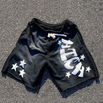 Mua Đàn ông Sun Fadeed Acid Wash Streetwear Shorts với Raw Hem và Rhinestone Puff Print online manufacture