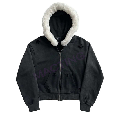 Mua Solid Acid Wash Sun Fade Distressed Custom Full Zip Up Hoodies áo khoác với cổ áo lông online manufacture