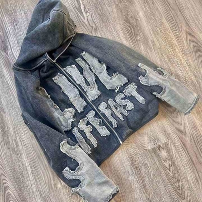 Mua Hoodie màu sắc vintage thêu dán với zip đầy đủ và ứng dụng đau đớn online manufacture