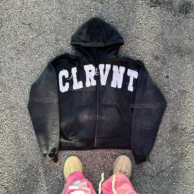 Mua Custom Logo Streetwear 400gsm Stone Wash Zip Up Hoodie màu xám với Patch đau khổ online manufacture