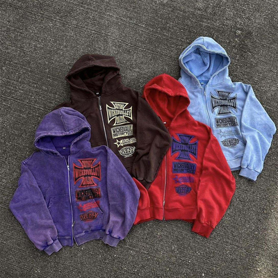 Mua Đàn ông chống co lại axit rửa cắt Hoodie với Zipper đôi phong cách Vintage mặt trời mờ online manufacture
