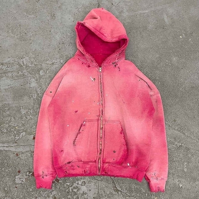 Mua Đèn nhẹ 400 gsm Cotton Zip Up Hoodie Vintage đau khổ Hồng Mặt trời mờ màu Pháp Terry online manufacture
