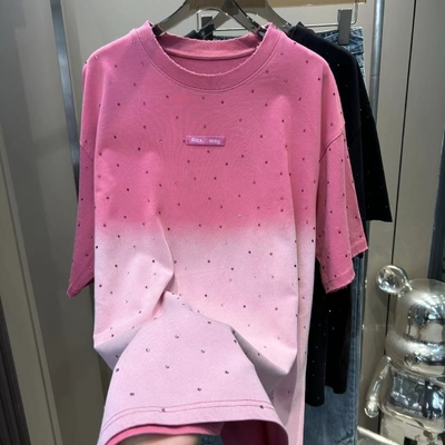 Mua 250Gsm đàn ông rhinestone áo thun Unisex Cotton áo thun với vintage rửa Oversized Fit trong Pink Acid Wash online manufacture