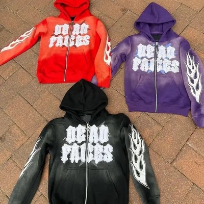 Mua Stonewashed Vintage Cut And Sew của đàn ông Đau thêu đính kèm Mặt trời mờ màu tím Zip Up Acid Wash Hoodie online manufacture