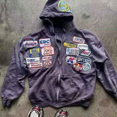 Mua Đàn ông nặng Ácide rửa áo khoác hoodie với thêu dán và áp dụng đau khổ online manufacture