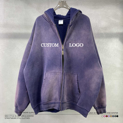 Mua Vintage Acid Wash Mặt trời mờ mờ đau khổ Zip Up Hoodie trắng cho trang phục đường phố Logo tùy chỉnh online manufacture