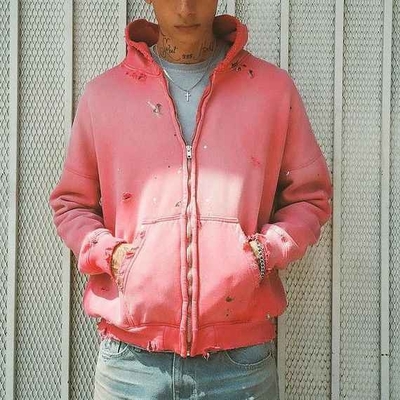 Mua Solid Custom Đàn bà 400gsm Cotton Oversized Pink Acid Wash Vintage Distressed Cắt chặt Zip Up Hoodie online manufacture