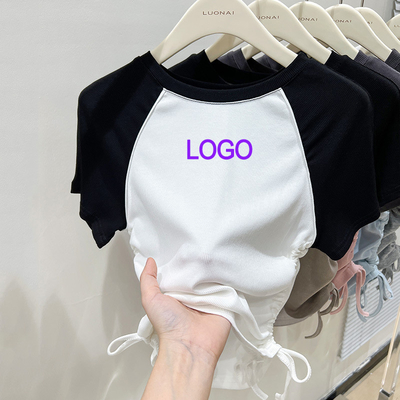 Mua Custom Y2K Ribbed Cotton Contrast Color Crop Top Roughed Drawstring Tay áo ngắn Phụ nữ online manufacture