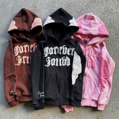 Mua Hoodie đầy đủ mặt của nam giới Zip Up hoodie puff in ấn nâu Trọng lượng nặng Pháp Terry vải online manufacture