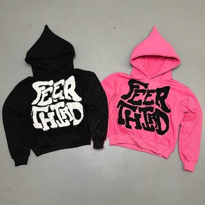 Mua Cotton Knitted Streetwear Distressed Patch Work cắt đen hoa hồng hoodie rhinestone với rhinestones online manufacture