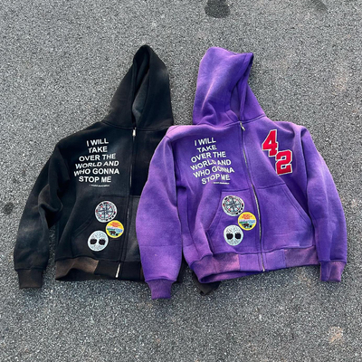 Mua áo khoác hoodie rhinestone tùy chỉnh Đàn ông Chenille Patch thêu Acid Rửa mặt trời mờ 100% Cotton online manufacture