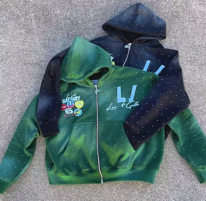 Mua Vintage Sun Fade Acid Wash Patch Gạch thêu Đá nhựa rhinestone Boxy Fit cắt đứt Zip Up Hoodie cho nam giới Tay áo thường xuyên online manufacture