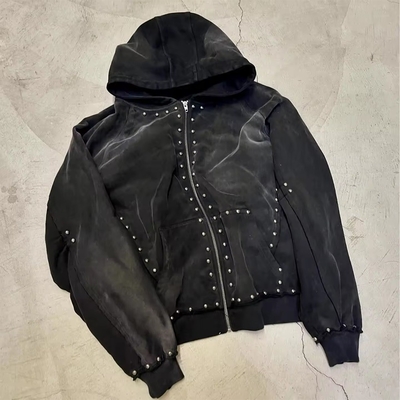Mua 500gm đen rhinestone zip lên áo khoác hoodie đàn ông lớn hơn mùa thu Hooded áo khoác nắng mờ axit rửa nhìn online manufacture
