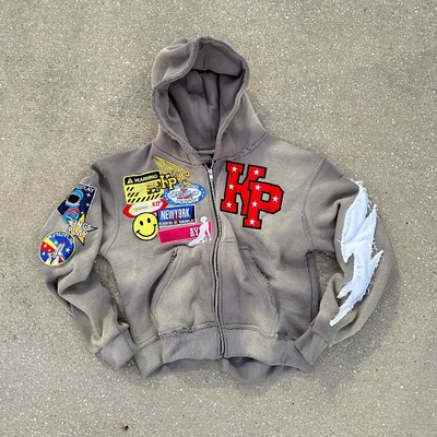 Mua mens rhinestone zip up hoodie 500Gsm xám cam Stone Acid Wash Hoodie Distressed Patch Embroidery online manufacture