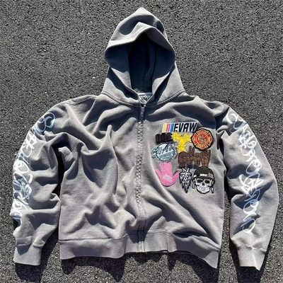 Mua Mùa thu tùy chỉnh đàn ông đá axit rửa cắt hộp thêu lên zip hoodie thêu vintage áo phông online manufacture