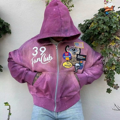 Mua màu đỏ đen mặt trời mờ zip lên áo khoác Hoodie hộp nặng 450Gsm Screen Printing Patch Embroidery online manufacture