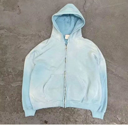 Mua tùy chỉnh axit giặt hoodie zip lên đàn ông Boxy 400gms 500gm trọng lượng nặng mặt trời mờ đau khổ tuổi trẻ em xanh online manufacture
