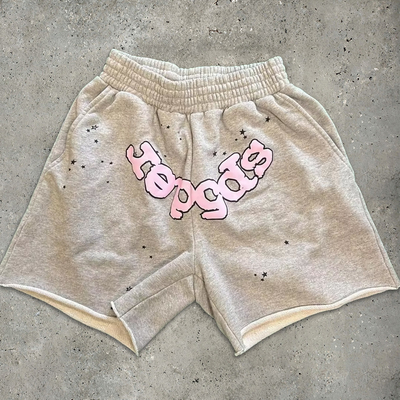 Mua quần shorts màu đen đồ họa Puff Print chạy bộ thể thao tập thể dục Sweat Shorts Streetwear Cotton Fleece online manufacture