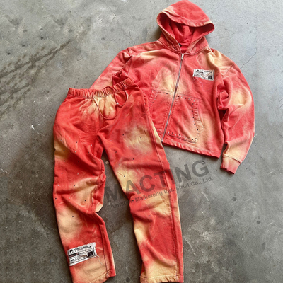 Mua Vintage Sun Fadeed Acid Wash Trang phục thể thao Custom Rhinestone Hoodie và quần thể dục online manufacture
