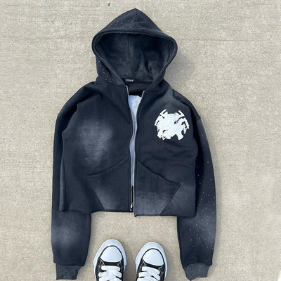 Mua Zip Up Acid Wash Hoodies Distressed Embroidery Applique Custom French Terry Crop Top online manufacture