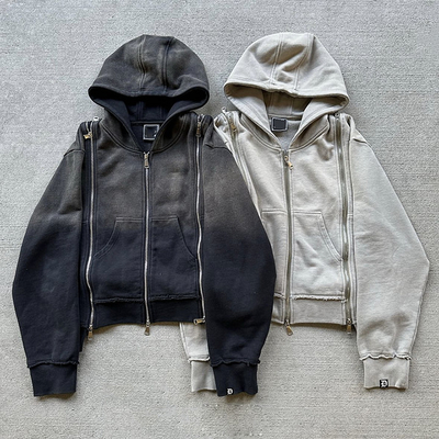 Mua Custom Patch Triple Zip Up Heavy Weight Pháp Terry Mờ Acid Wash Hoodie online manufacture