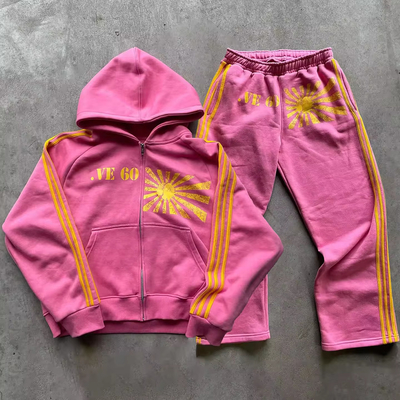 Mua In màn hình tùy chỉnh Logo sọc bộ đồ thể thao cổ điển axit giặt Zip Up Hoodie And Jogger Sweat Pant online manufacture