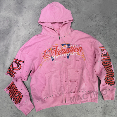 Mua Custom Rhinestone Studded 100% Cotton 500 Gsm Heavyweight Zip Up Vintage cắt giảm đau khổ Ác rửa Hoodie online manufacture