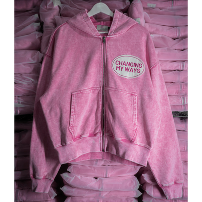 Mua Custom Pink Snow Washed Ditressed Embroidery Patch Heavyweight Boxy Fit Drop Shoulder 100% Cotton Cắt chặt Zip Up Hoodie online manufacture