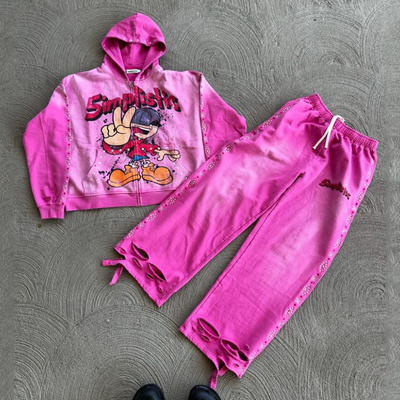 Mua Streetwear Rhinestone Zip Up Hoodie Sweat Pants Set Acid Wash Man Bộ đồ thể thao Mặt trời mờ mờ Đồ thể thao nam online manufacture
