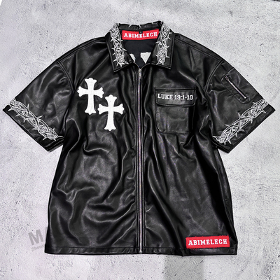 Mua Custom Hip Hop Đàn ông Patch thêu T-shirt đau khổ Đàn ông Zip Up Box Fit tay ngắn Pu da T-shirt online manufacture