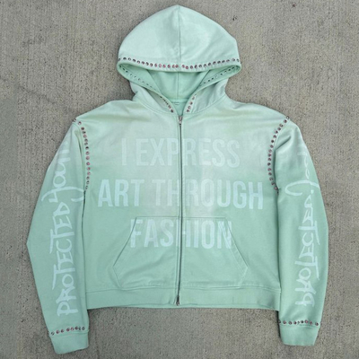 Mua Đá quý tùy chỉnh Zip Up Heavy Weight Hoodie Vintage Ác rửa Baggy Boxy Fit Cắt Hoodie Rhinestone online manufacture