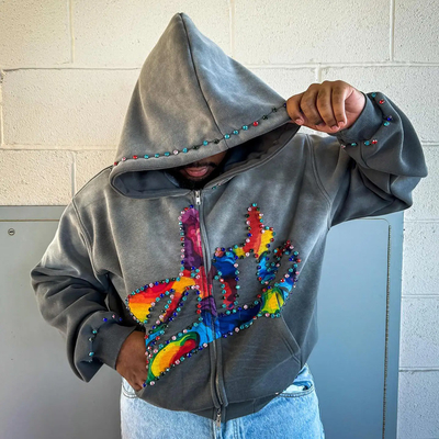 Mua Custom Rhinestone Zip Up Hoodie 450 gsm dày trọng lượng nặng màn hình in Logo Zipper Hoodies nam online manufacture
