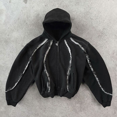 Mua Streetwear Hoodie Custom Vintage Fringed Strip 100% Cotton Distressed Zipper Heavyweight Boxy Fit Hoodies cắt online manufacture