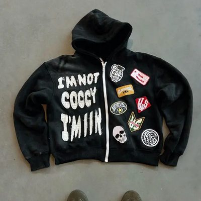 Mua Custom Zip Up Heavyweight Cotton Terry Hoodie với Box Fit và Distressed Patch Embroidery Mùa thiết yếu online manufacture