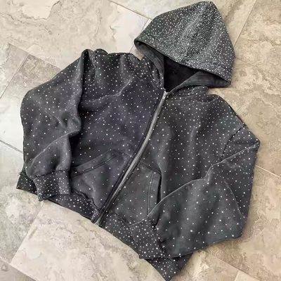 Mua Oem Heavyweight Zipper Hoodie Custom 100% Cotton Terry Hoody Sweatshirt Streetwear Rhinestone Zip Up Hoodie dành cho nam giới online manufacture
