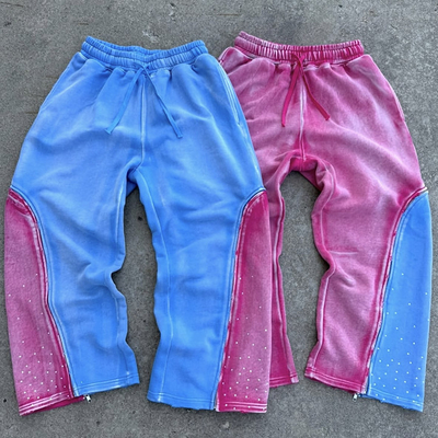 Mua Đặt hàng tùy chỉnh vòng eo đôi Trọng lượng nặng Cotton Vintage Acid Wash Sweat Pants Bị đau đớn Rhinestone Wide Leg Sweatpants cho nam giới online manufacture
