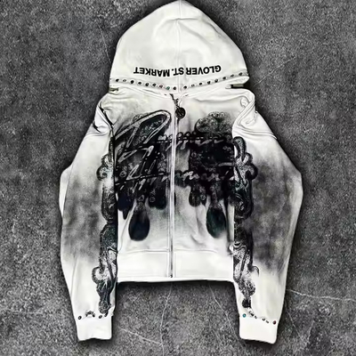 Mua Custom Dirty rửa zipper rhinestone Hoodie nam Logo in đồ họa Pháp Terry Streetwear Vintage Hoodie đau khổ online manufacture