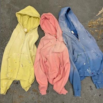 Mua Đặt hàng tùy chỉnh rửa mặt trời mờ mờ đau khổ Mens cắt bông Terry trọng lượng nặng 420 Gsm Zip Up Rivet đính hoodie rhinestone online manufacture