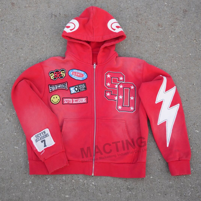 Mua Custom Hoodie Nhà sản xuất Đàn ông Streetwear Vintage Acid Wash Distressed Embroidery Applique Patchwork Acid Wash Hoodie online manufacture