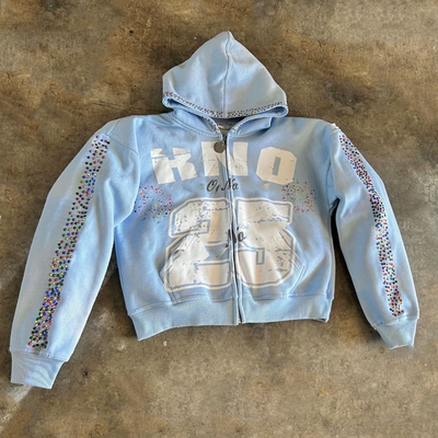 Mua Áo Hoodie Zip Oversize Boxy in lụa in hình Rhinestone 500 Gsm Cotton 100% Nặng cho Nữ Nam Unisex online manufacture