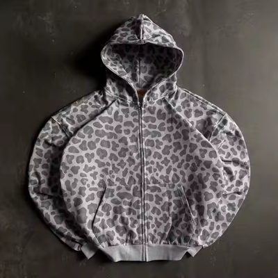 Mua Áo Hoodie Streetwear dáng hộp dáng lửng in họa tiết da báo có khóa kéo cỡ lớn bằng vải Terry Cotton Vintage Acid Wash cho nam online manufacture