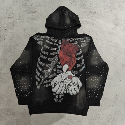 Mua Hoodies Custom High Quality Streetwear Skeleton Skulls Graphic Pullover Vintage Acid Wash Mặt trời mờ Rhinestone Hoodie đàn ông online manufacture