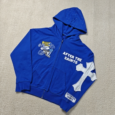 Mua Custom Streetwear Men Heavyweight 420 gsm Distressed Embroidery Cotton French Terry Rhinestone Hood Zip Up Hoodie online manufacture
