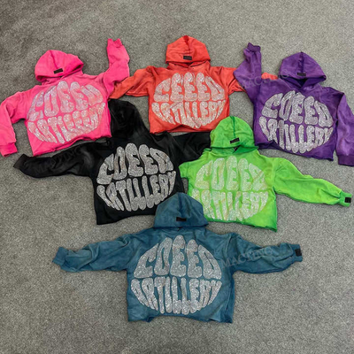 Trang phục đường phố tùy chỉnh Trọng lượng nặng Pháp Terry Cotton Acid Wash Pullover Rhinestone Hoodie cắt đàn ông