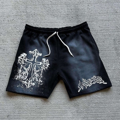 Dệt thêu tùy chỉnh in đồ họa nam vintage axit rửa quần short trong bông Terry Pháp